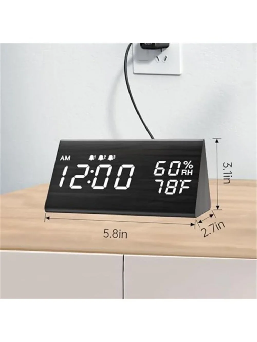 Wood Digital Alarm Clock Multiple Alarms LED Display Temperature Humidity Modern